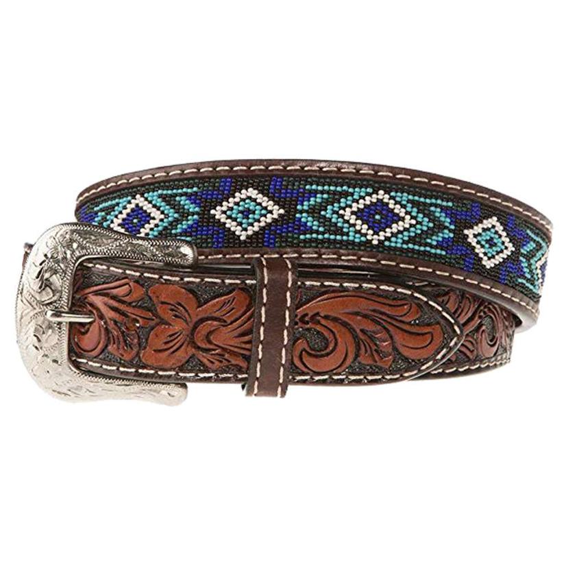 Western Fashion Acc. Apparel Blue and Turquoise Beaded Brown Leather Floral Tooled Men's Belt