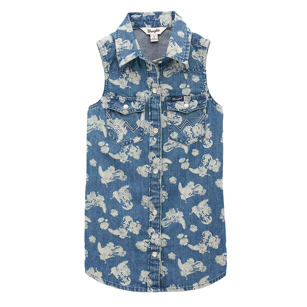 Wrangler Apparel GIRLS SLEEVELESS DENIM SNAP SHIRT IN LIGHT DENIM
