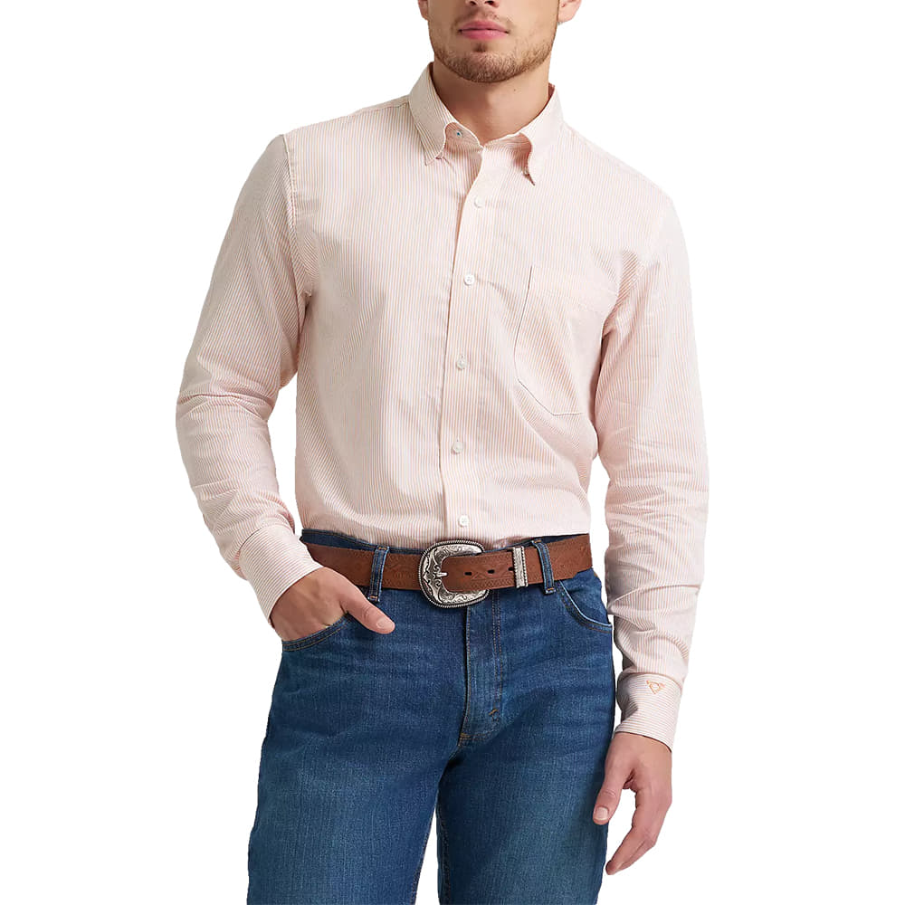 Wrangler Apparel MENS CODY JOHNSON LONG SLEEVE BUTTON DOWN IN ORANGE AND WHITE