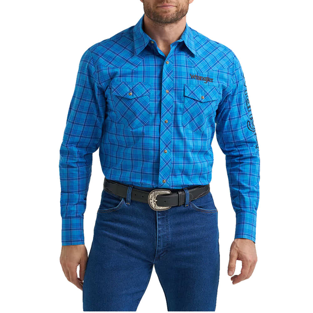 Wrangler Apparel Wrangler Blue Plaid Long Sleeve Team Logo Men's Shirt