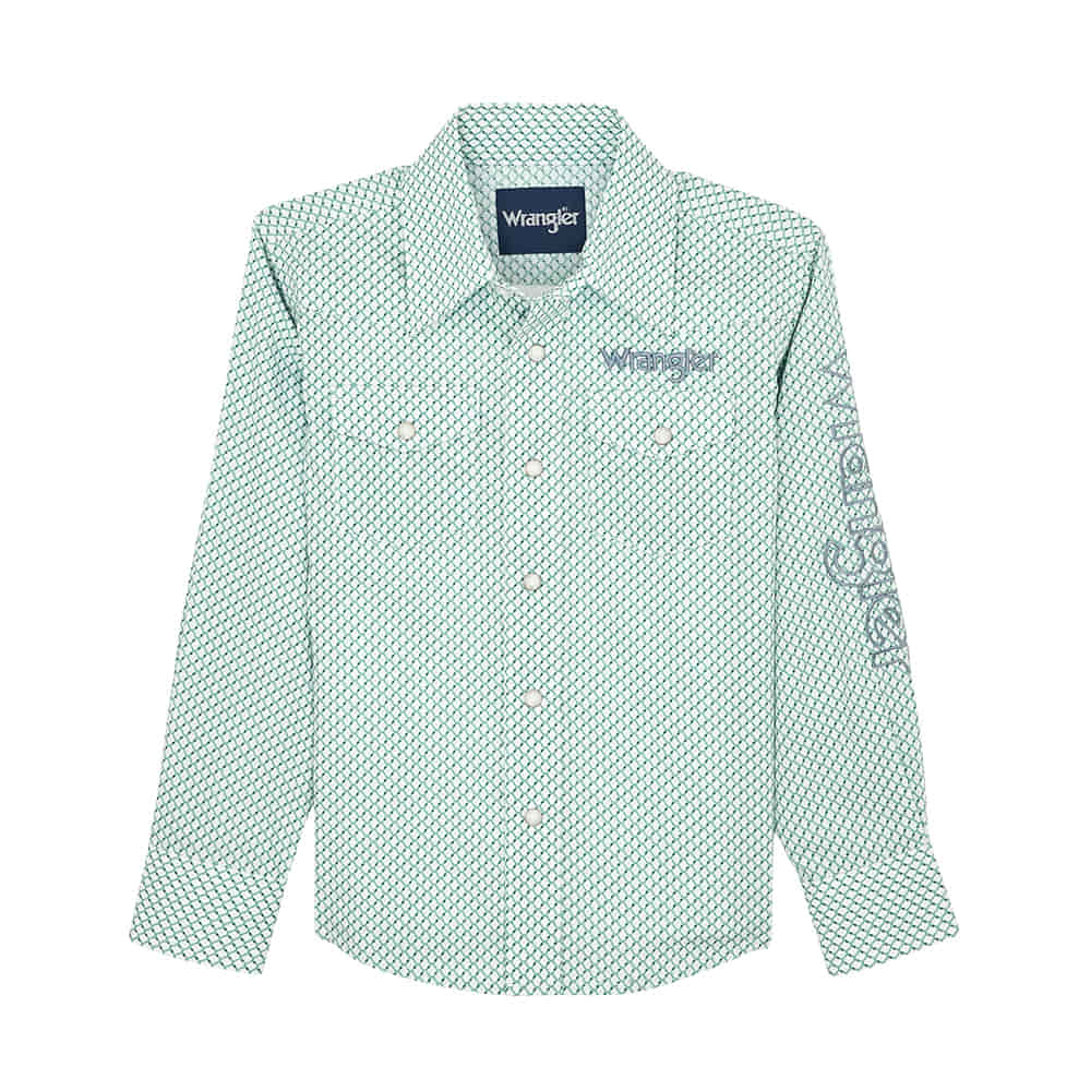 Wrangler Apparel Wrangler Boy's White And Teal Long Sleeve Snap Logo Shirt