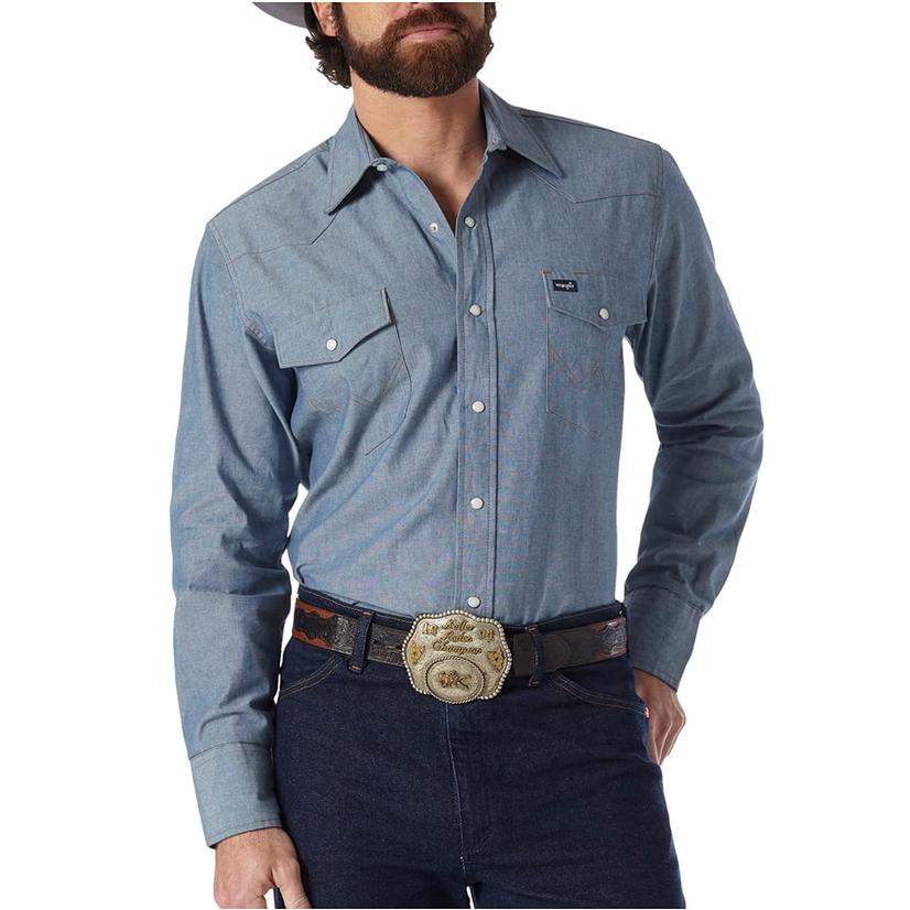 Wrangler Apparel Wrangler Classic Fit Chambray Indigo Blue Long Sleeve Snap Men's Work Shirt - Regular Sizes