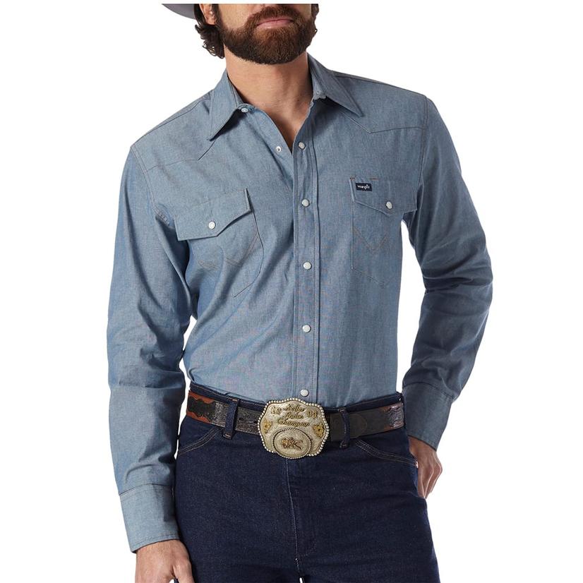 Wrangler Apparel Wrangler Classic Fit Chambray Indigo Blue Long Sleeve Snap Men's Work Shirt - Tall Sizes