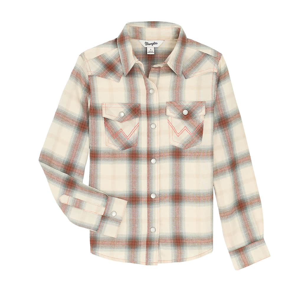 Wrangler Apparel Wrangler Girl's Long Sleeve Plaid Button-Down Shirt In Off White