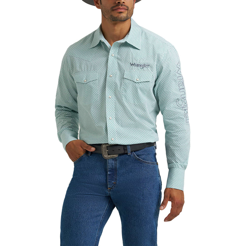 Wrangler Apparel Wrangler Men's White And Teal Long Sleeve Snap Logo Shirt