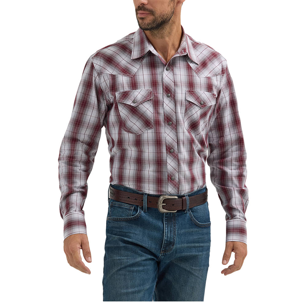 Wrangler Apparel Wrangler Wine Plaid 20X Competition Advanced Comfort Long Sleeve Men's Shirt