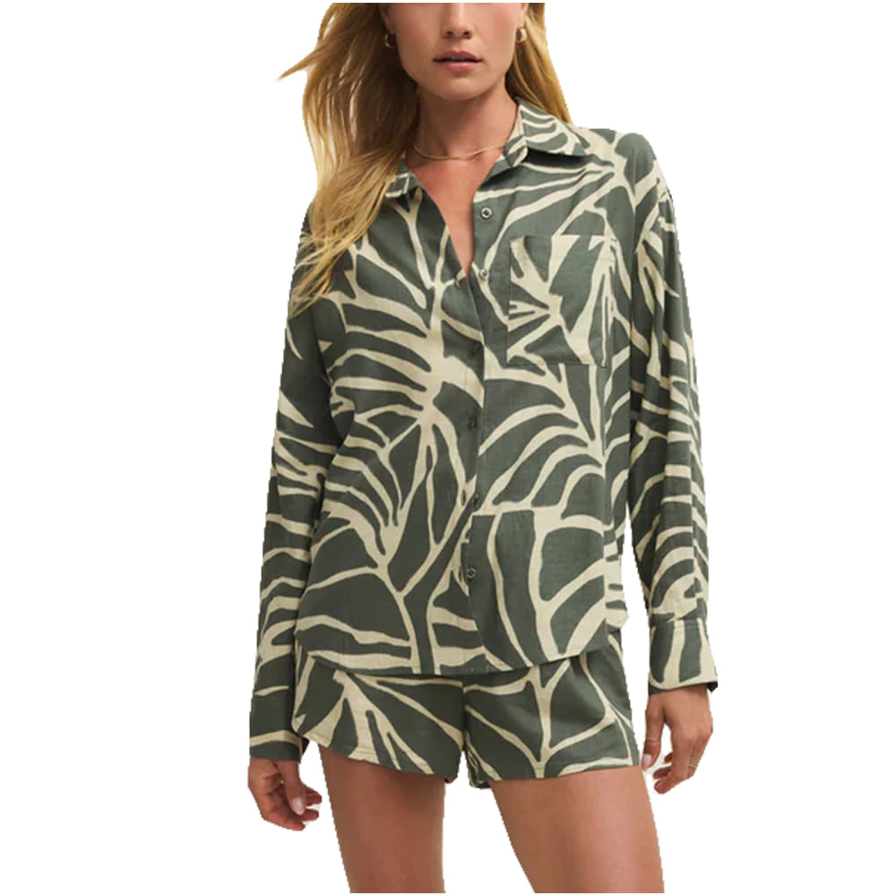 Z Supply 1000 FASHION WOMENS ALFIE TOVA PALM BUTTON UP IN TEA LEAF