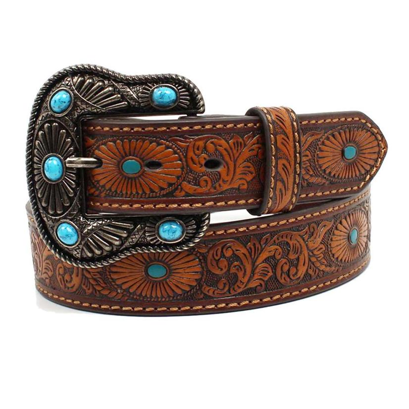 Womens Brown Leather Oval Embossed Turquoise Painted Belt