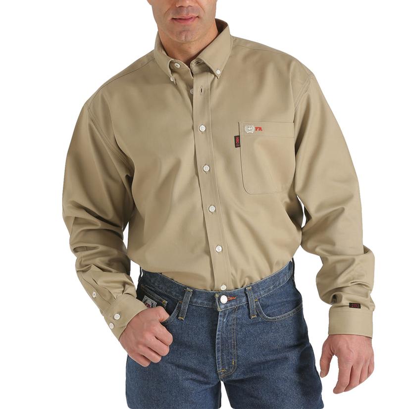 Fire Resistant Khaki Solid Long Sleeve Button-Down Shirt
