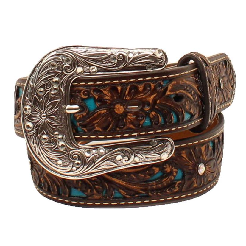 Dark Brown Leather Belt with Turquoise Inset and Silver Buckle