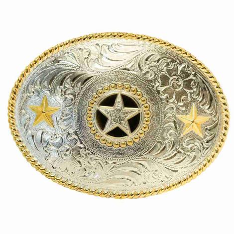 Nocona Gold and Silver Triple Star Oval Belt Buckle