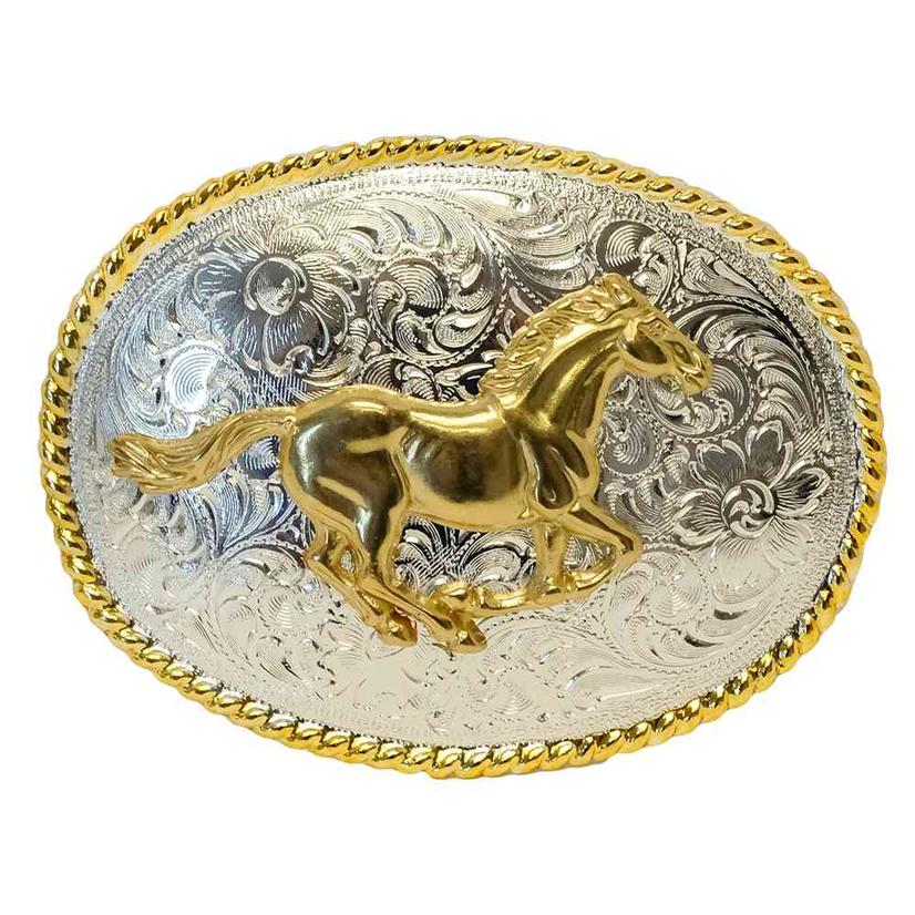 Silver Running Horse Oval Belt Buckle