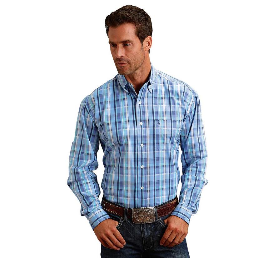 Stetson Blue White Plaid Button Down Long Sleeve Men's Shirt