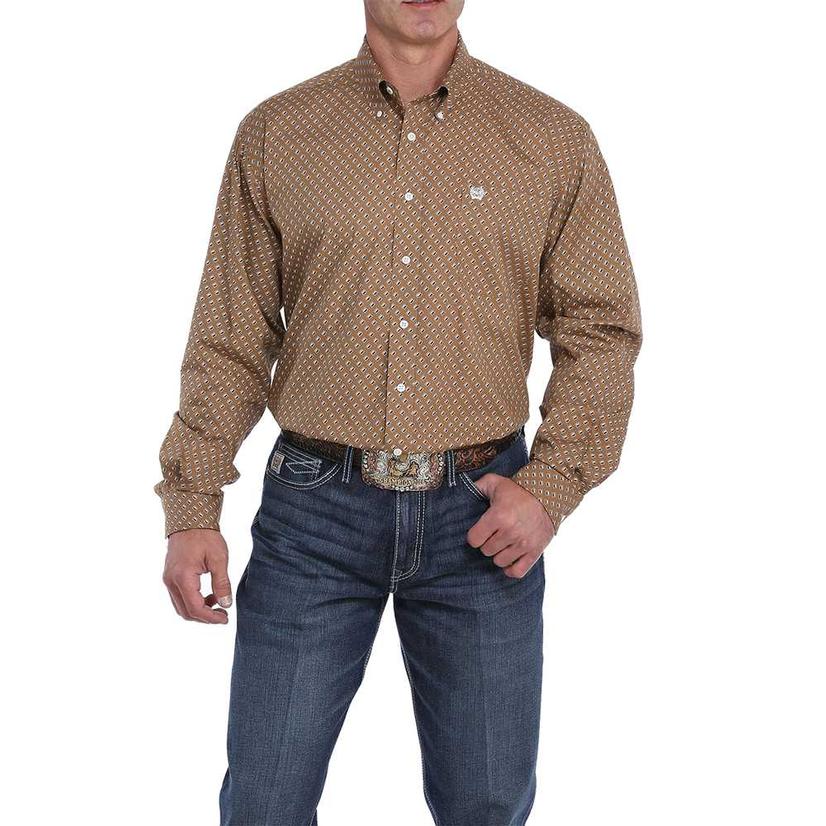 Cinch Khaki with Black White Geo Print Long Sleeve Button Down Men's Shirt