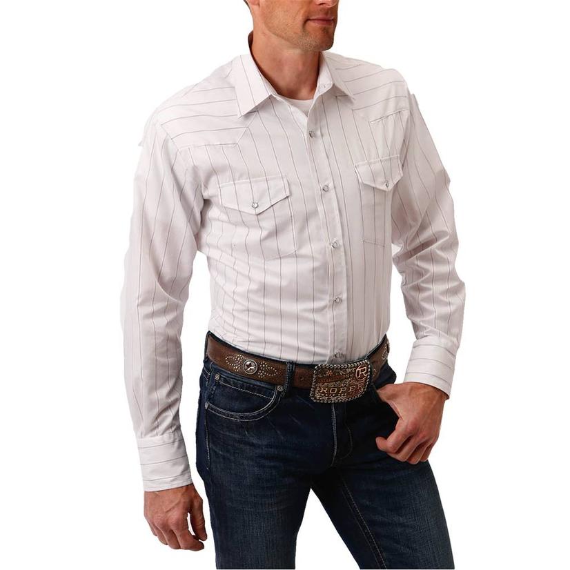 White Pinstripe Long Sleeve Buttondown Men's Shirt by Roper