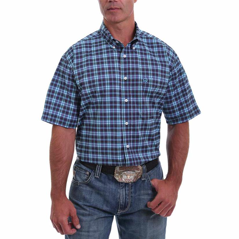 Blue Plaid Buttondown Short Sleeve Men's Shirt by Cinch