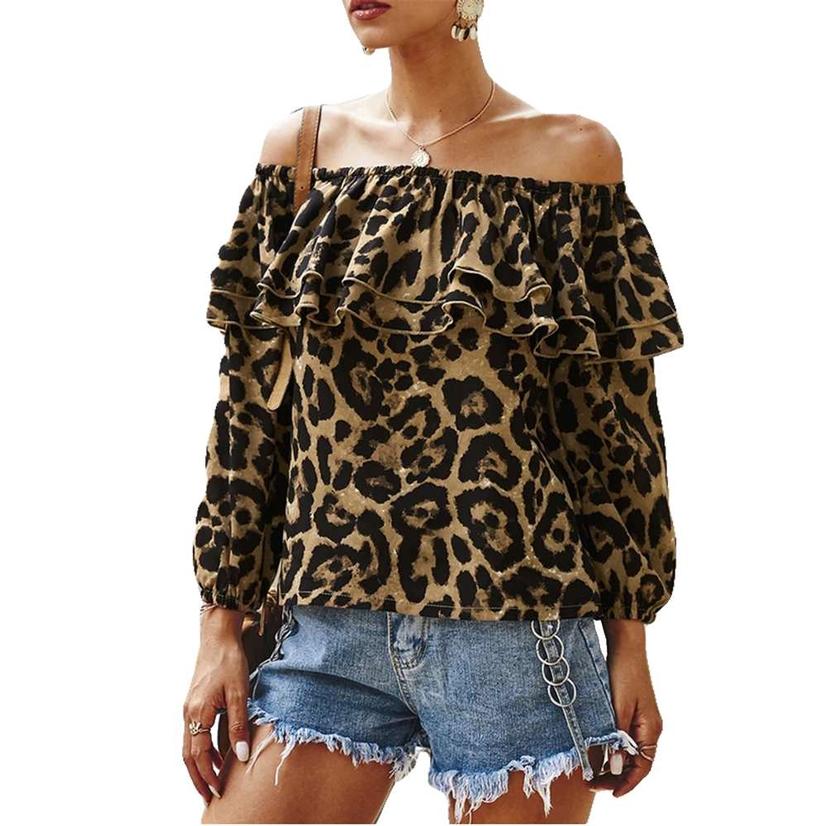 Leopard Print Off Shoulder Ruffled Blouse