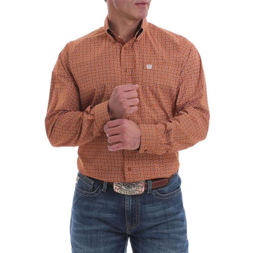 Brown Orange Print Long Sleeve Buttondown Men's Shirt by Cinch