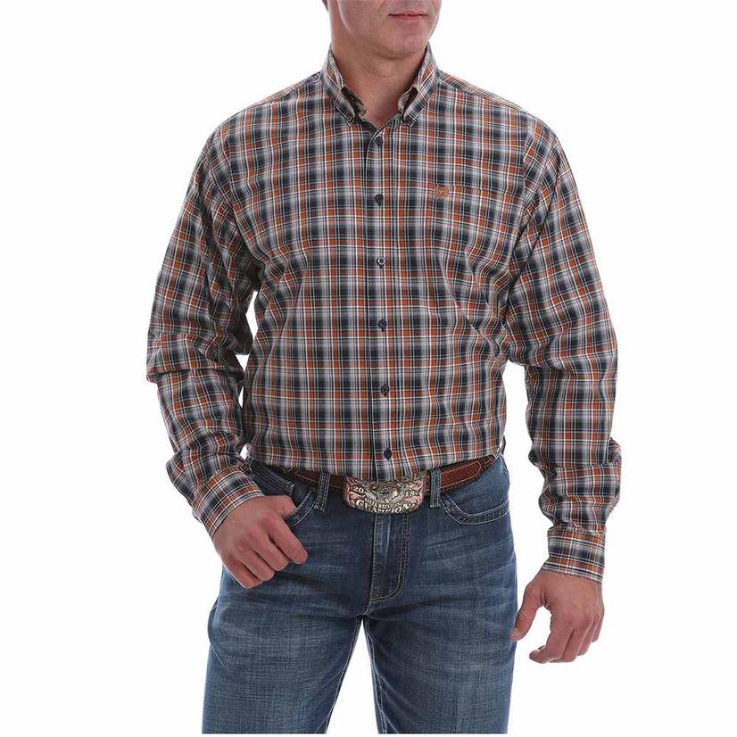 Navy Orange Plaid Long Sleeve Buttondown Men's Shirt by Cinch