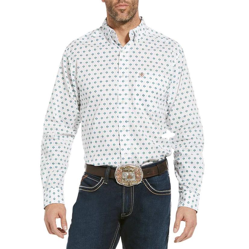 Ollie White Print Fitted Long Sleeve Buttondown Men's Shirt by Ariat