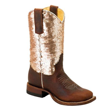 Macie Bean Distressed Bison Gold Sequin Top Girl's Boots