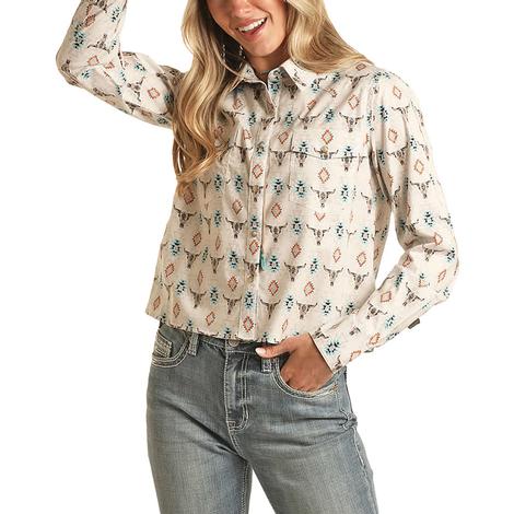 Rock and Roll Cowgirl Skull Print Boxy Long Sleeve Snap Women's Shirt