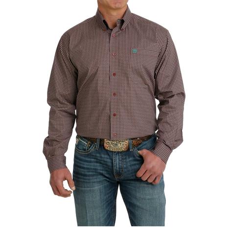 Cinch Burgundy and White Printed Long Sleeve Button-Down Men's Shirt