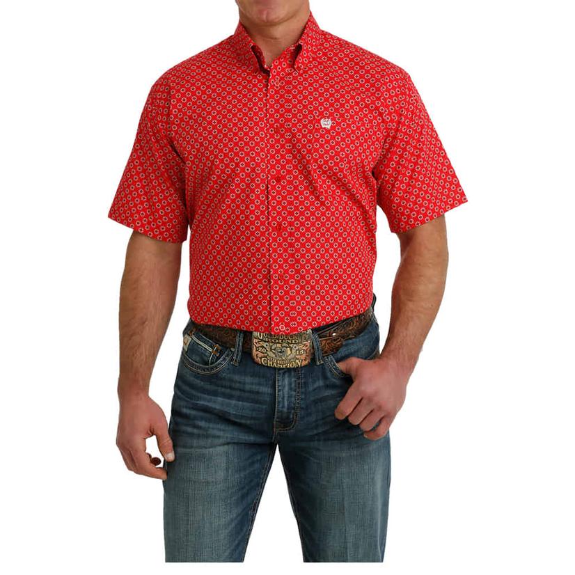  Cinch Red Printed Cotton Short Sleeve Button- Down Men's Shirt