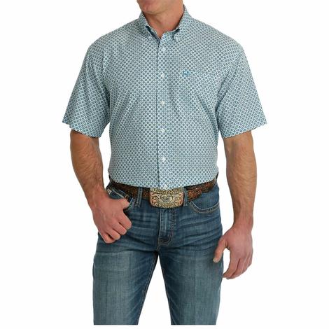Cinch ARENAFLEX White and Blue Patterned Short Sleeve Button-Down Men's Shirt