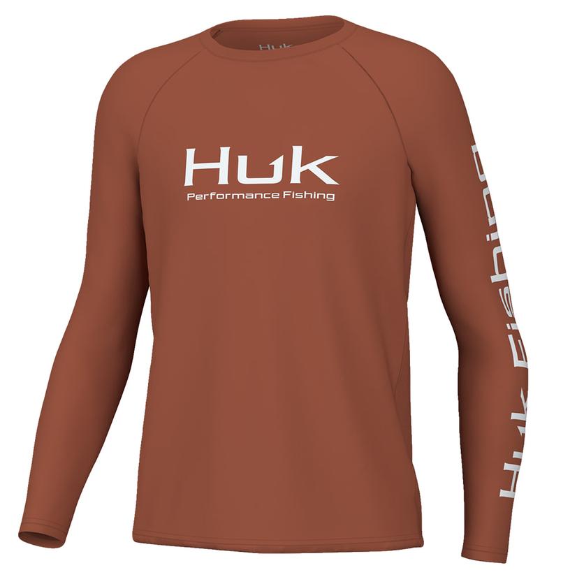 Huk Pursuit Solid Baked Clay Youth Long Sleeve Boys Shirt Orange XL