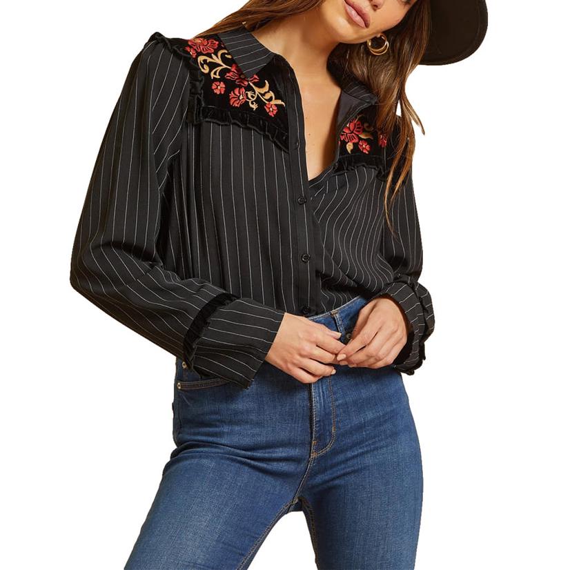 Black Striped Long Sleeve Embroidered Plus Size Women's Blouse by