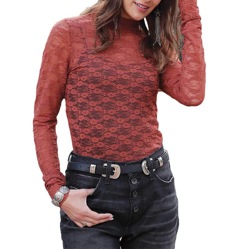  Cruel Girl Copper Floral Lace Long Sleeve Women's Funnel Top