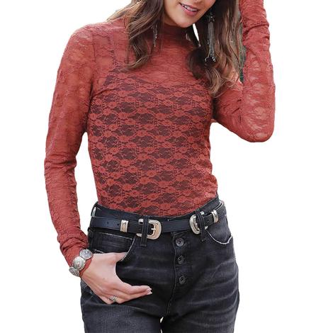 Cruel Girl Copper Floral Lace Long Sleeve Women's Funnel Top