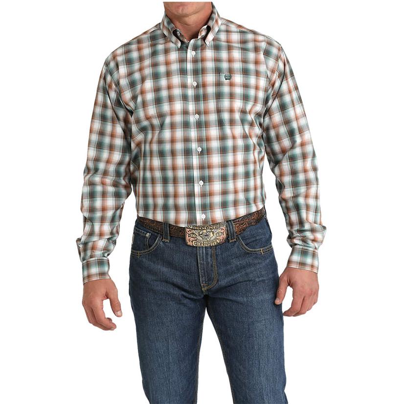  Cinch Green And Brown Plaid Long Sleeve Button- Down Men's Shirt