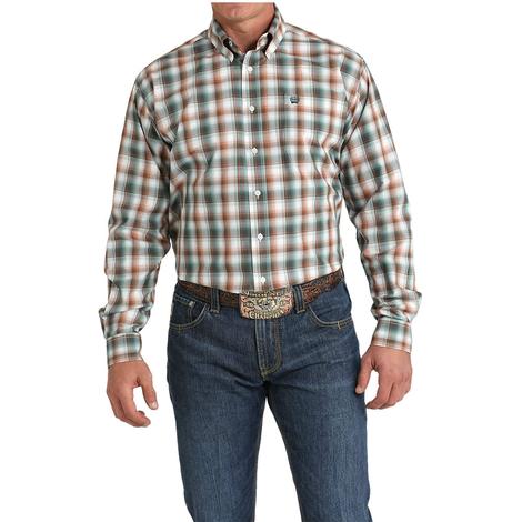 Cinch Green and Brown Plaid Long Sleeve Button-Down Men's Shirt