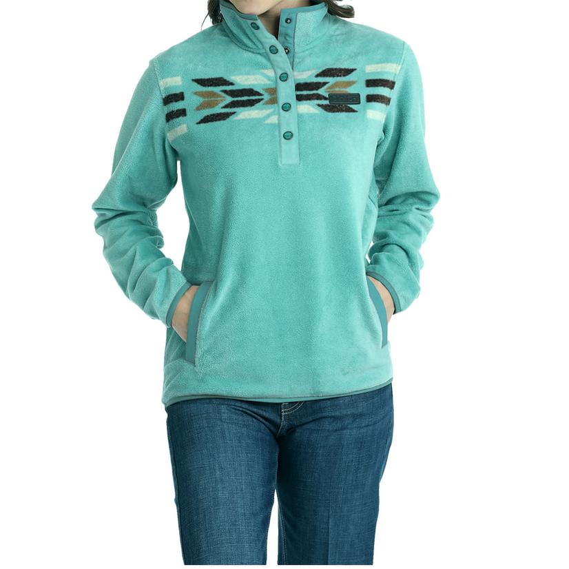  Cinch Turquoise Border Print Fleece Women's Pullover