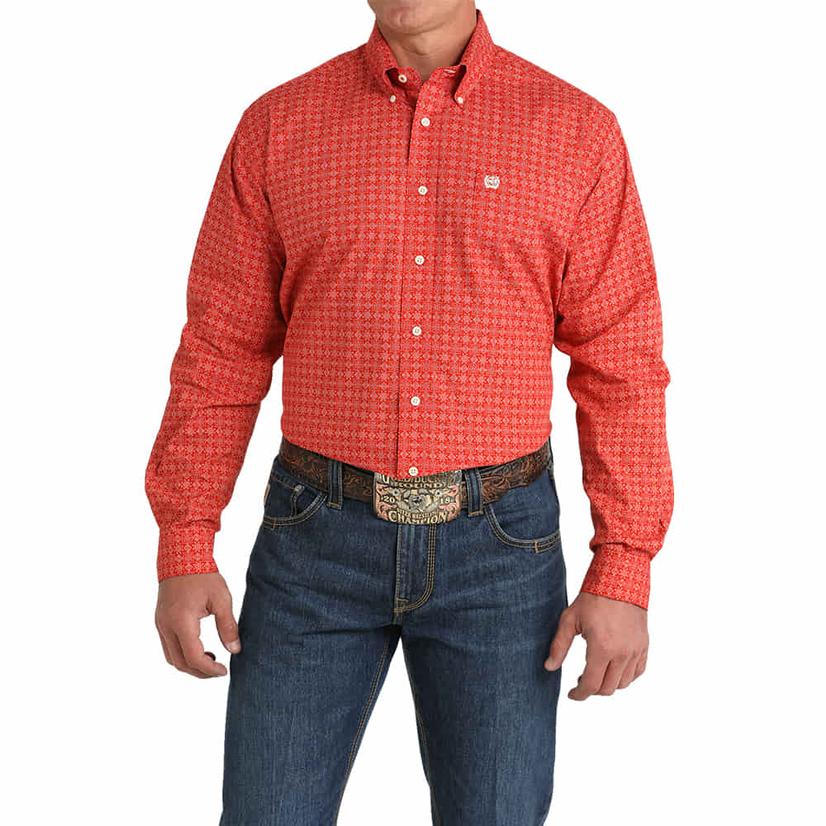  Cinch Red Printed Long Sleeve Men's Button- Down Shirt