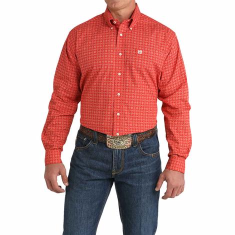 Cinch Red Printed Long Sleeve Men's Button-Down Shirt