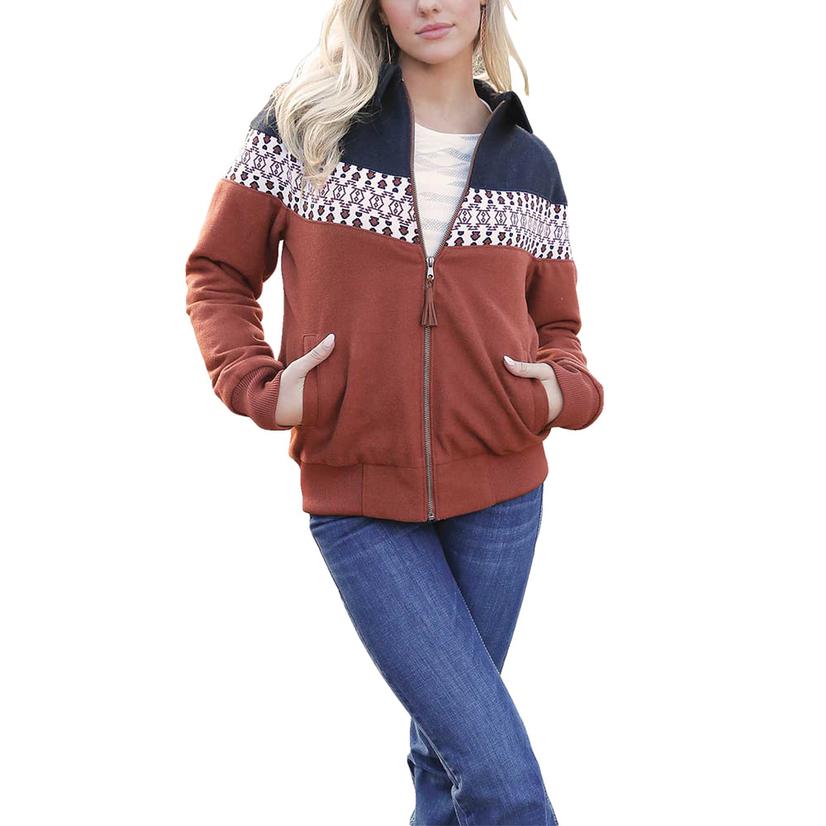  Cruel Girl Brown Color Block Tweed Women's Bomber Jacket