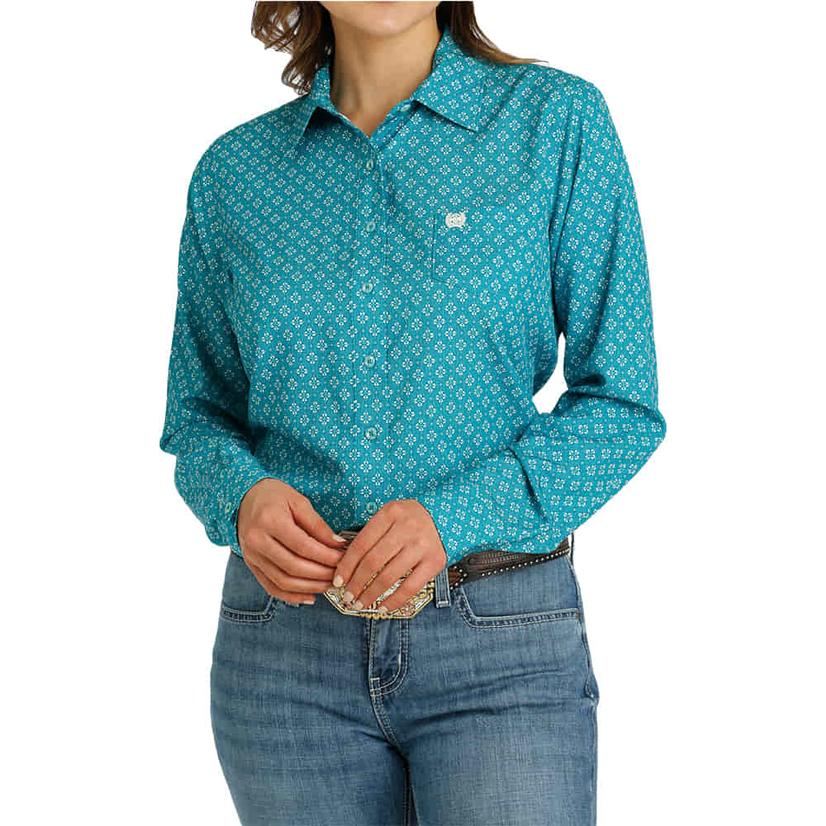  Cinch Arenaflex Teal Geo Print Long Sleeve Button- Down Women's Shirt