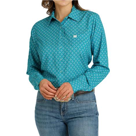 Cinch ArenaFlex Teal Geo Print Long Sleeve Button-Down Women's Shirt