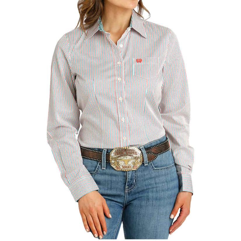 Cinch Multi- Colored Tencel Striped Long Sleeve Button- Down Women's Shirt