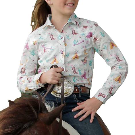 Cruel Girl White Cowgirl Print Long Sleeve Snap Girl's Shirt