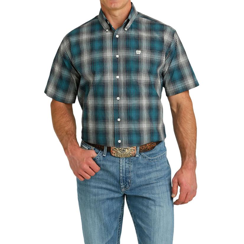  Cinch Plaid Teal Button- Down Short Sleeve Men's Shirt