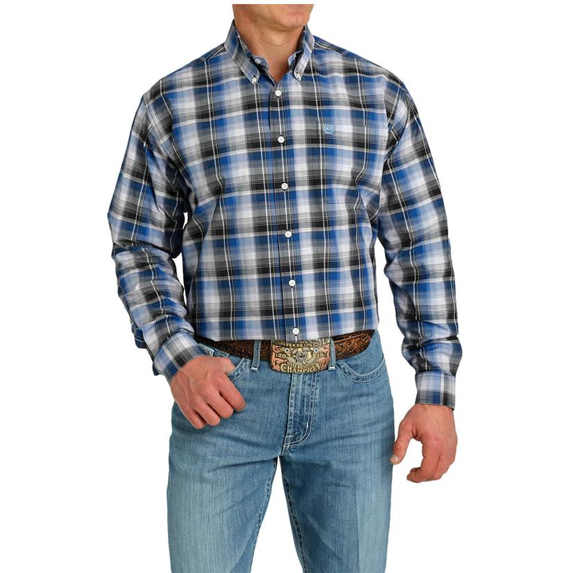  Cinch Men's Long Sleeve Blue Plaid Button- Down Shirt