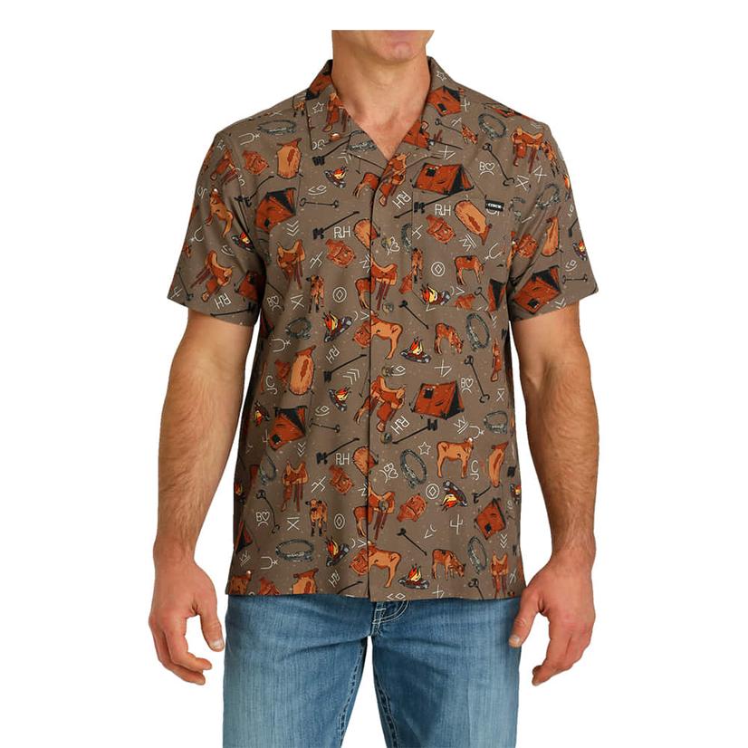  Cinch Brown Camp Cow Camp Short Sleeve Button- Down Men's Shirt