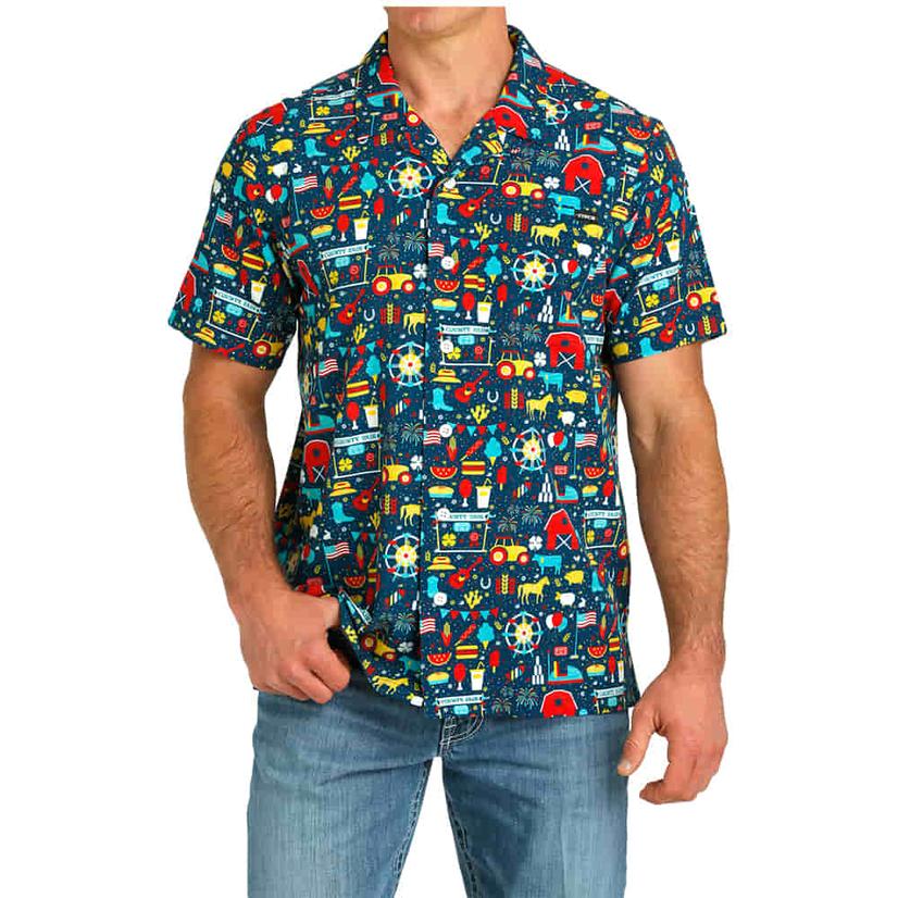  Cinch Navy Camp County Fair Short Sleeve Button- Down Men's Shirt