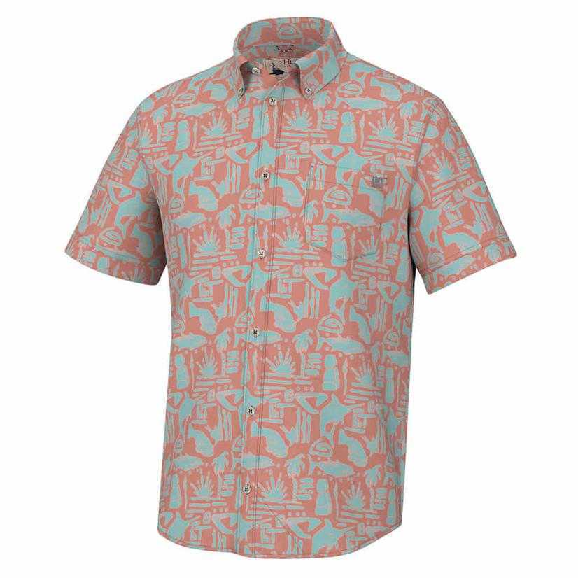  Huk Kona Tiki Sunburn Short Sleeve Button- Down Men's Shirt