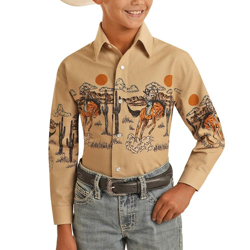  Panhandle Tan Bronc Border Long Sleeve Snap Boy's Shirt