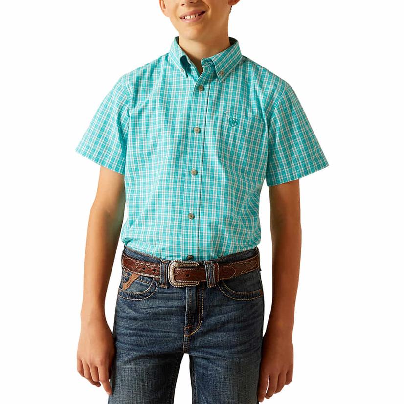  Ariat Boy's Short Sleeve Button- Down Turquoise Jensens Shirt